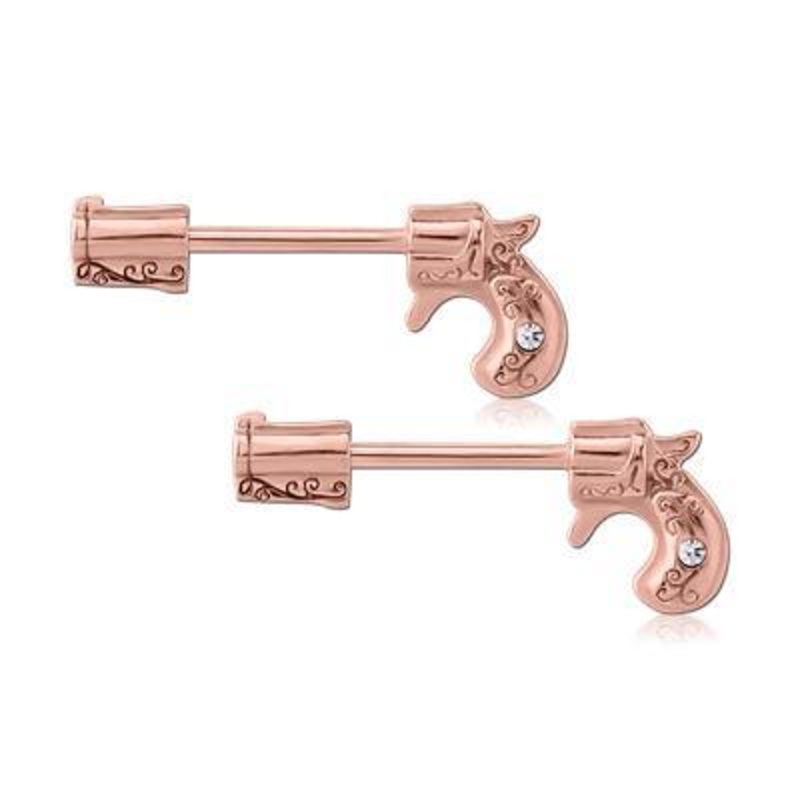 Pistol Rose Gold Nipple Barbells 14g – 15/32″ long (12mm) Clear Rose Gold Stainless