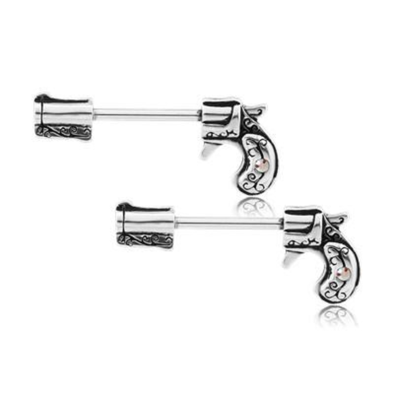 Pistol Stainless Nipple Barbells 14g – 15/32″ long (12mm) Clear Stainless Steel