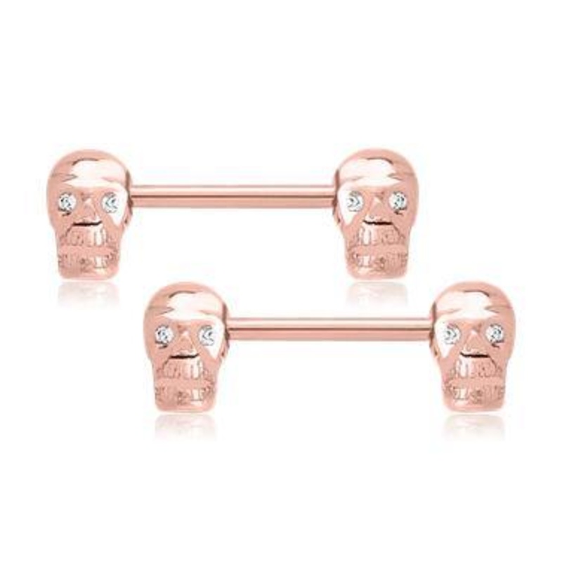 Skull Rose Gold Nipple Barbells 14g – 15/32″ long (12mm) Clear Rose Gold Stainless
