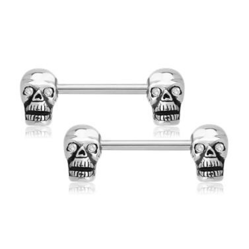 Skull Stainless Nipple Barbells 14g – 15/32″ long (12mm) Clear Stainless Steel