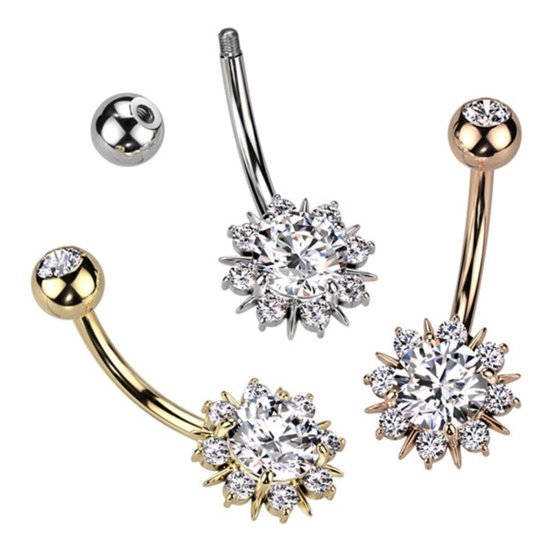 Sunburst CZ Belly Ring 14g – 3/8″ long (10mm) Clear Gold Stainless