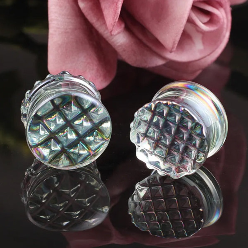 Waffle Cut Glass Plugs 2 gauge (6mm) Irridescent Pair