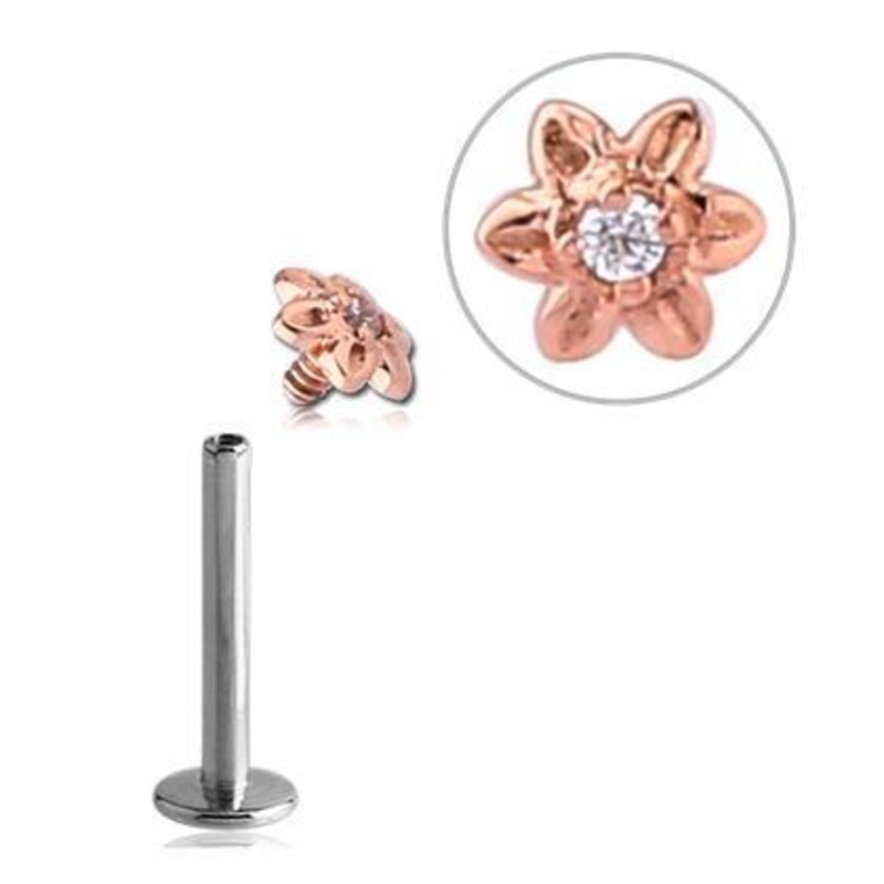 16g 14k Gold CZ Flower Labret 16g – 5/16″ long Rose 14k Gold