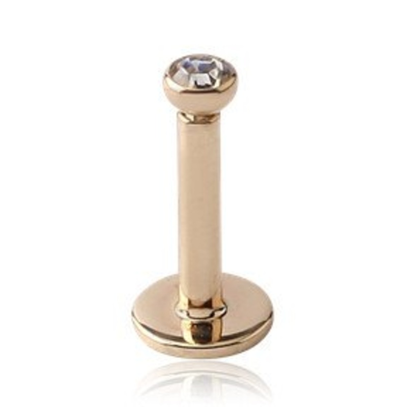 16g Bezel-set CZ Yellow 14k Gold Labret 16g – 5/16″ long (8mm) – 2mm CZ Clear Yellow 14k Gold
