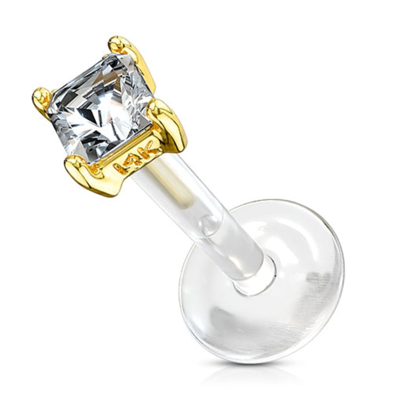 16g Yellow 14k Gold Princess CZ Bioflex Labret 16g – 5/16″ long (8mm) Clear Yellow 14k Gold