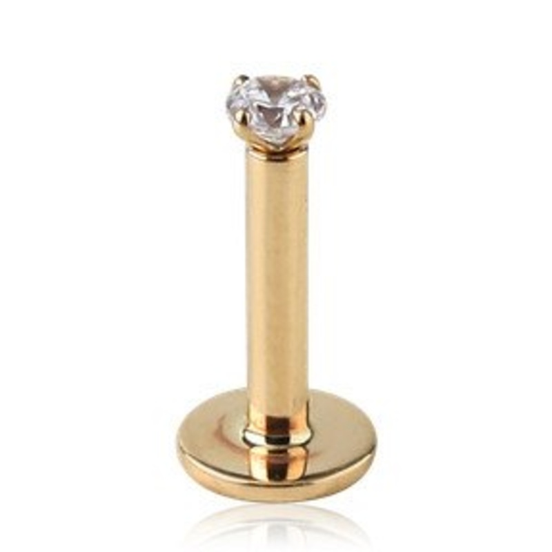 16g Yellow 14k Gold Prong-set CZ Labret 16g – 5/16″ long (8mm) – 2mm CZ Clear Yellow 14k Gold
