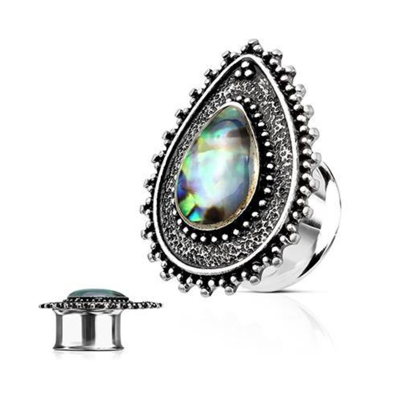 Abalone Center Teardrop Top Plugs 1/2 inch (12mm) Stainless Steel Pair
