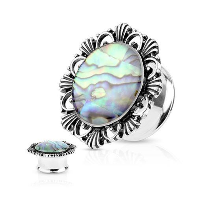 Abalone Center Vintage Flower Plugs 1/2 inch (12mm) Stainless Steel Pair