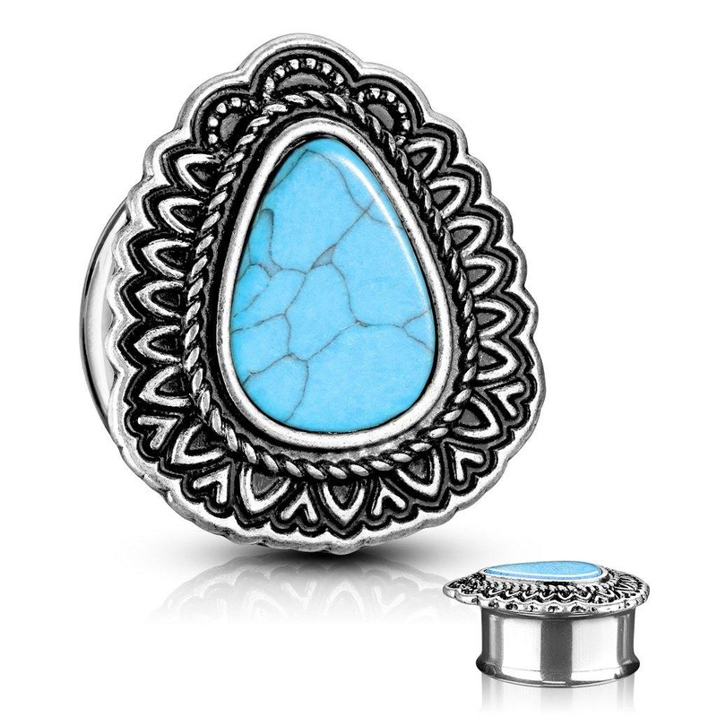 Antique Turquoise Teardrop Top Plugs 2 gauge (6mm) Stainless Steel Pair