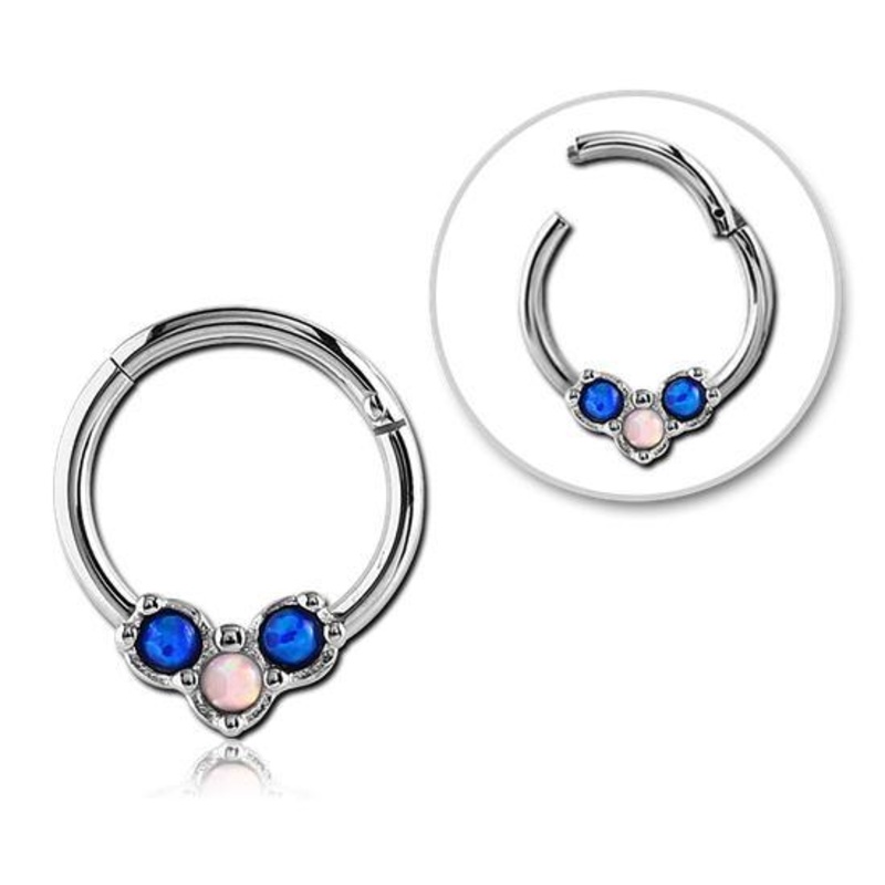 Blue & White Opals Hinged Ring 16g – 5/16″ diameter (8mm) Blue / White Stainless Steel