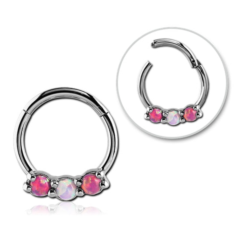 Pink & White Opals Stainless Hinged Ring 16g – 3/8″ diameter (10mm) Pink / White Stainless Steel