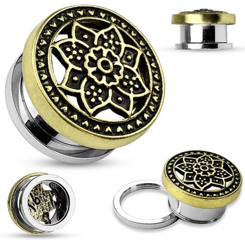 Tribal Lotus Brass Screw-On Plugs 00 gauge (10mm) Brass Pair