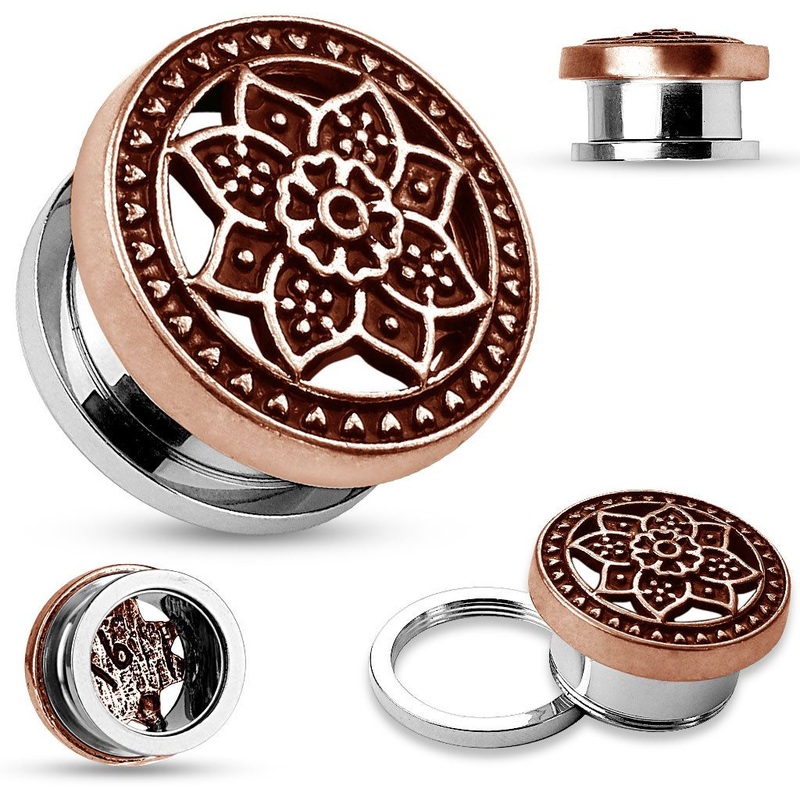 Tribal Lotus Bronze Screw-On Plugs 9/16 inch (14mm) Bronze Pair