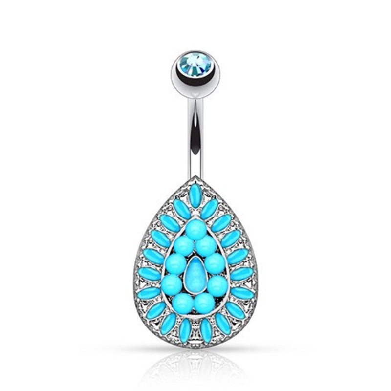 Turquoise Beaded Teardrop Belly Ring 14 gauge – 3/8″ long (10mm) Stainless Steel