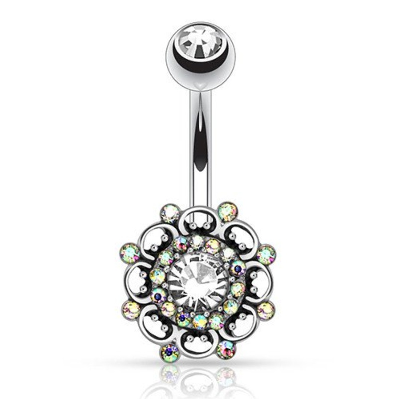 Vintage Paved Swirl Belly Ring 14g – 3/8″ long (10mm) Clear Stainless Steel