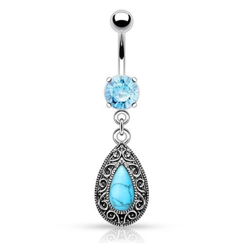 Vintage Turquoise Teardrop Belly Dangle 14 gauge – 3/8″ long (10mm) Aqua Stainless Steel