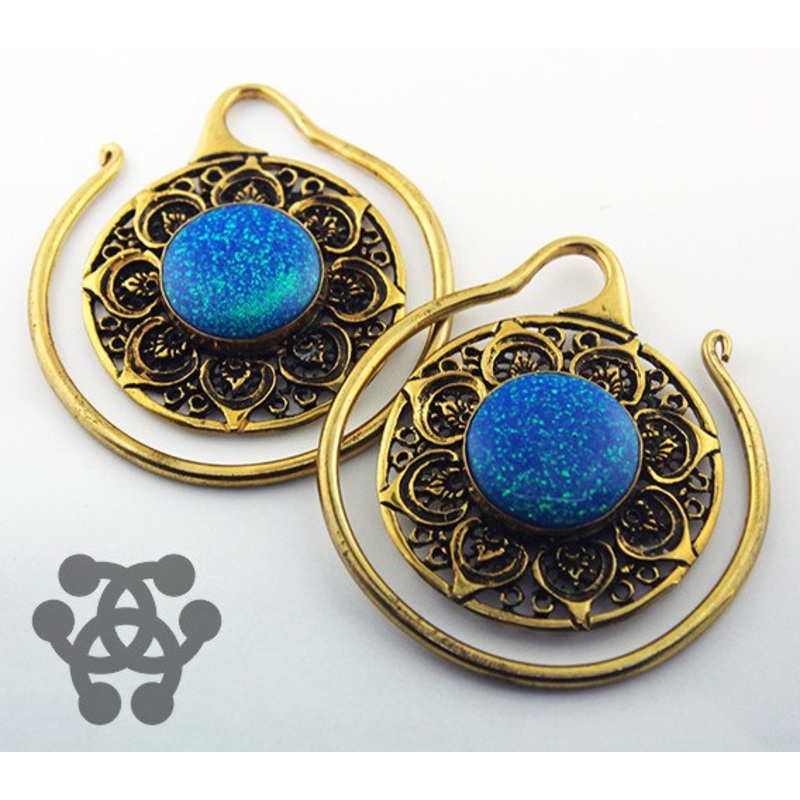 Blue Opal Mandala Hoops by Oracle Body Jewelry 8 gauge (3mm) Yellow Brass Pair