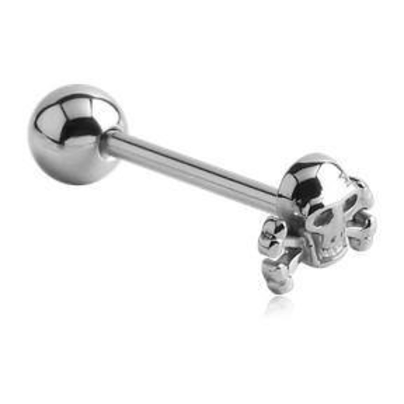 Skull & Crossbones Stainless Tongue Barbell 14g – 5/8″ long (16mm) Stainless Steel
