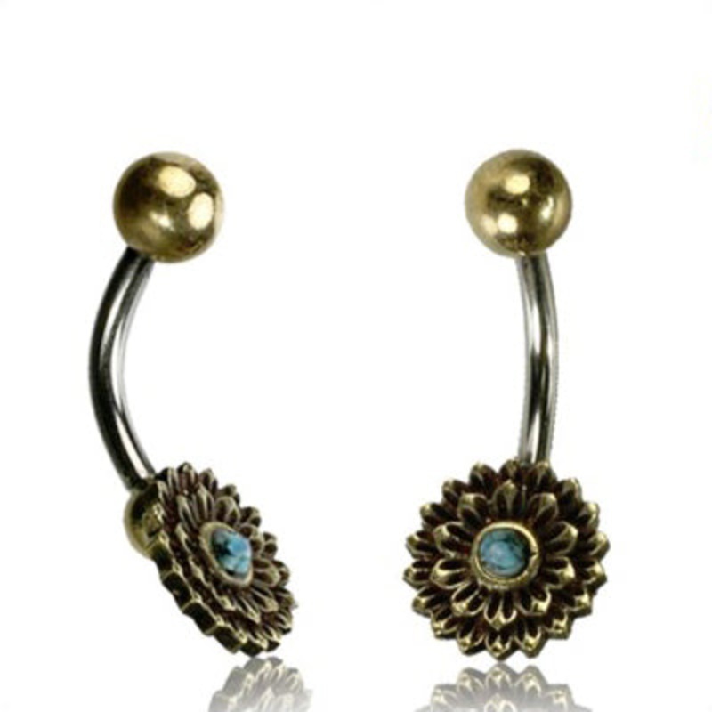 Yellow Brass Turquoise Belly Ring 14g – 3/8″ long (10mm) Turquoise Stainless Steel