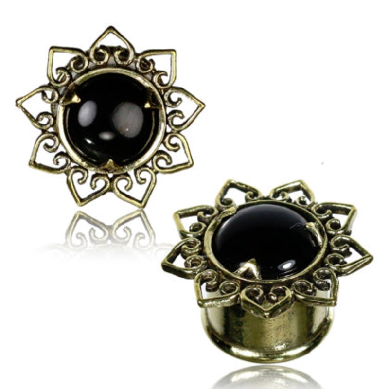 Brass & Onyx Bali Heart Plugs 2 gauge (6mm) Yellow Brass Pair