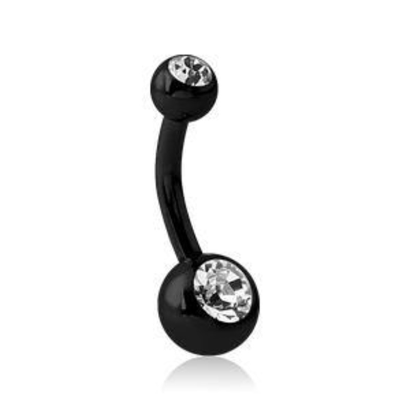 Mini Double CZ Black Belly Barbell 14g – 3/8″ long (10mm) – 4&6mm balls Clear Black Stainless
