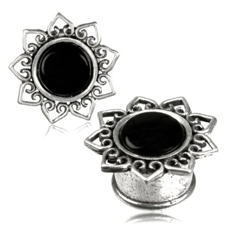 White Brass & Onyx Bali Heart Plugs 0 gauge (8mm) White Brass Pair