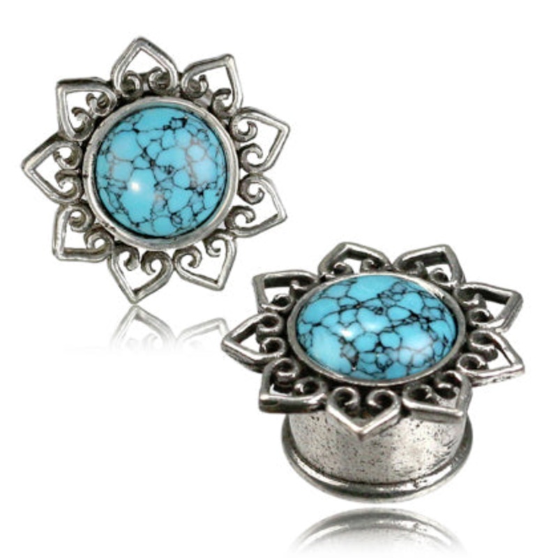 White Brass & Turquoise Bali Heart Plugs 0 gauge (8mm) White Brass Pair