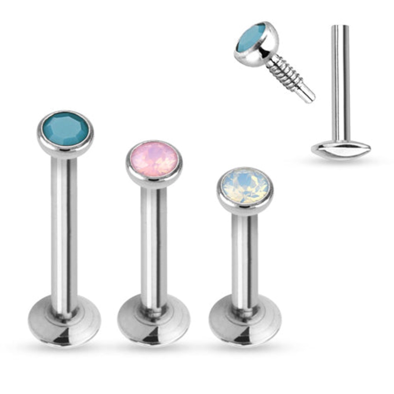 16g Opalescent CZ Stainless Labret 16g – 1/4″ long (6mm) Blue Stainless Steel