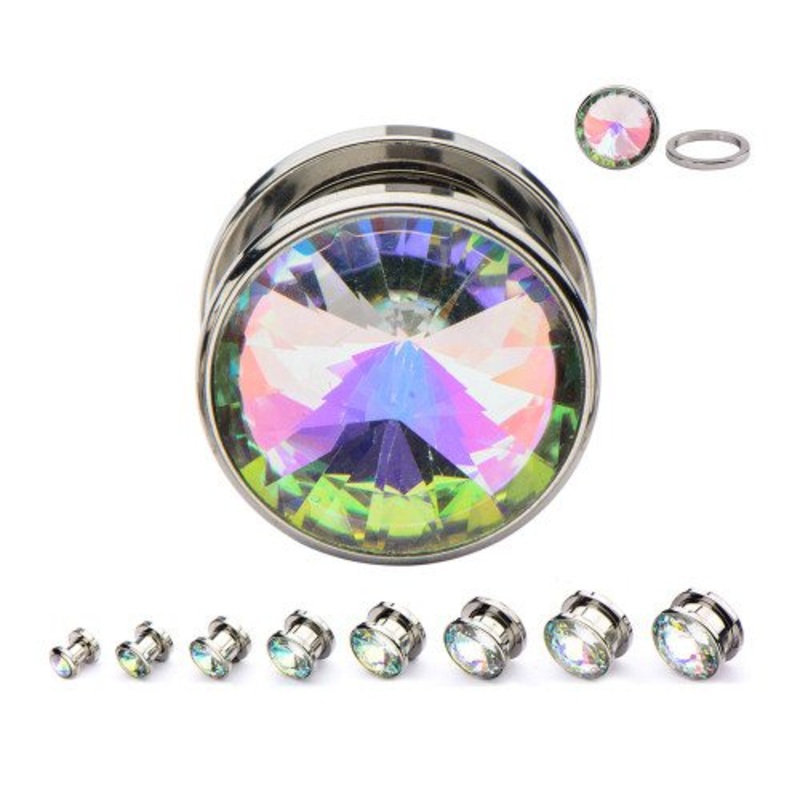 Aurora Borealis CZ Screw-On Plugs 4 gauge (5mm) Stainless Steel Pair