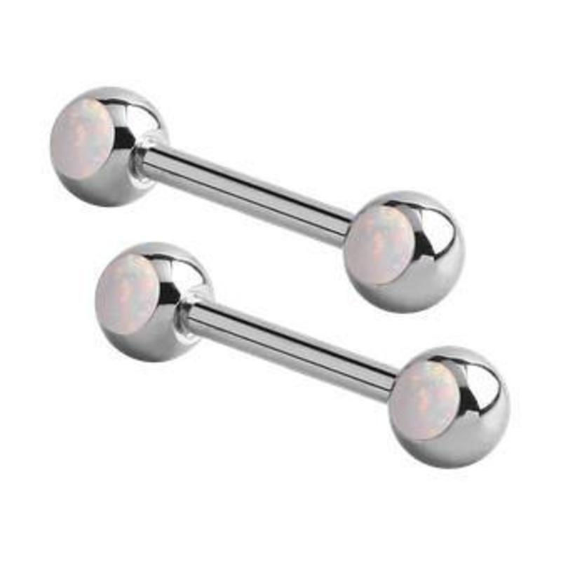 Bezel-set Opal Stainless Nipple Barbells 14g – 15/32″ long (12mm) Blue Stainless Steel