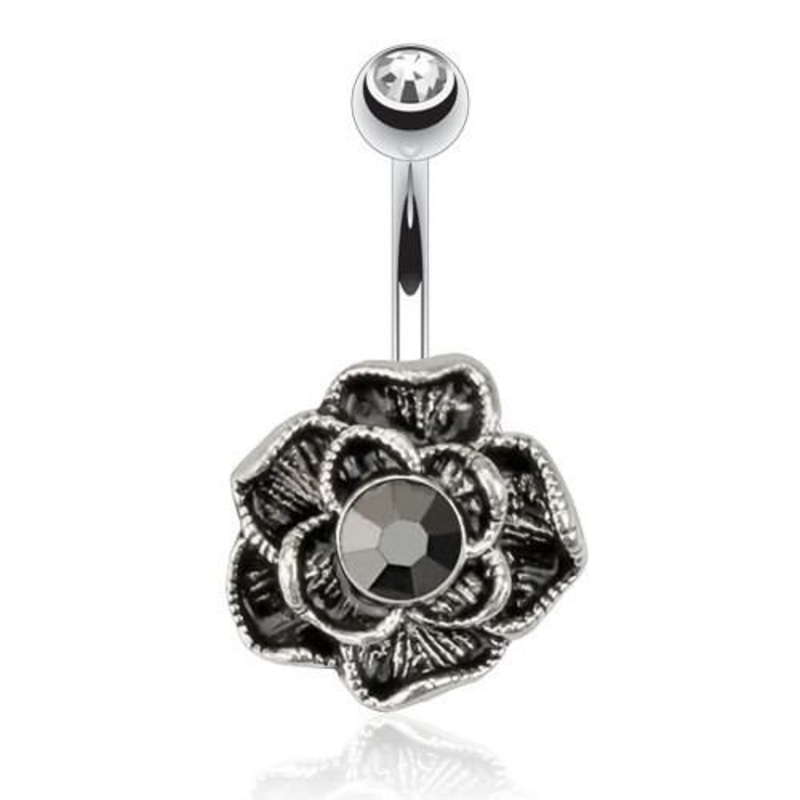 Black Rose Belly Barbell 14g – 3/8″ long Black Stainless Steel