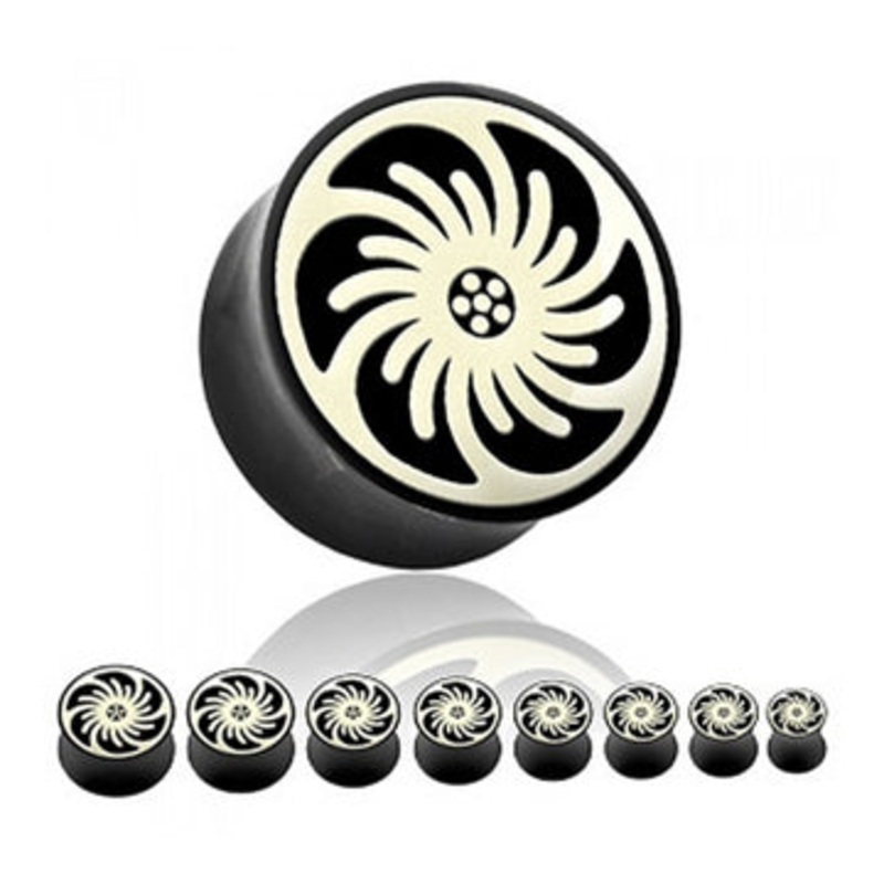Pinwheel Inlay Horn Plugs 9/16 inch (14mm) Black Horn Pair