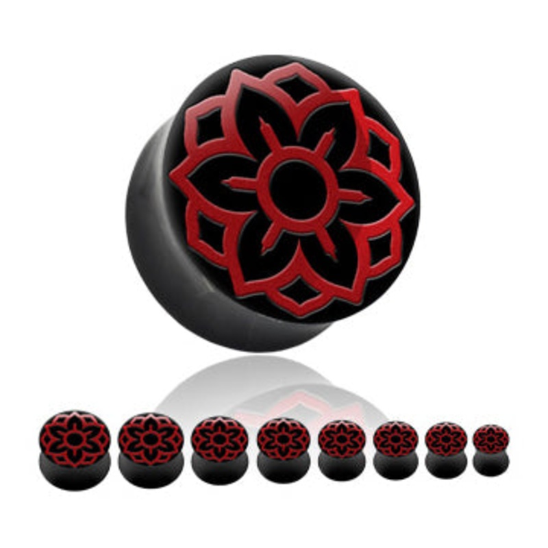 Red Lotus Inlay Horn Plugs 5/8 inch (16mm) Black Horn Pair