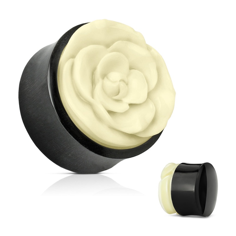 Rose Inlay Horn Plugs 0 gauge (8mm) Black Horn Pair