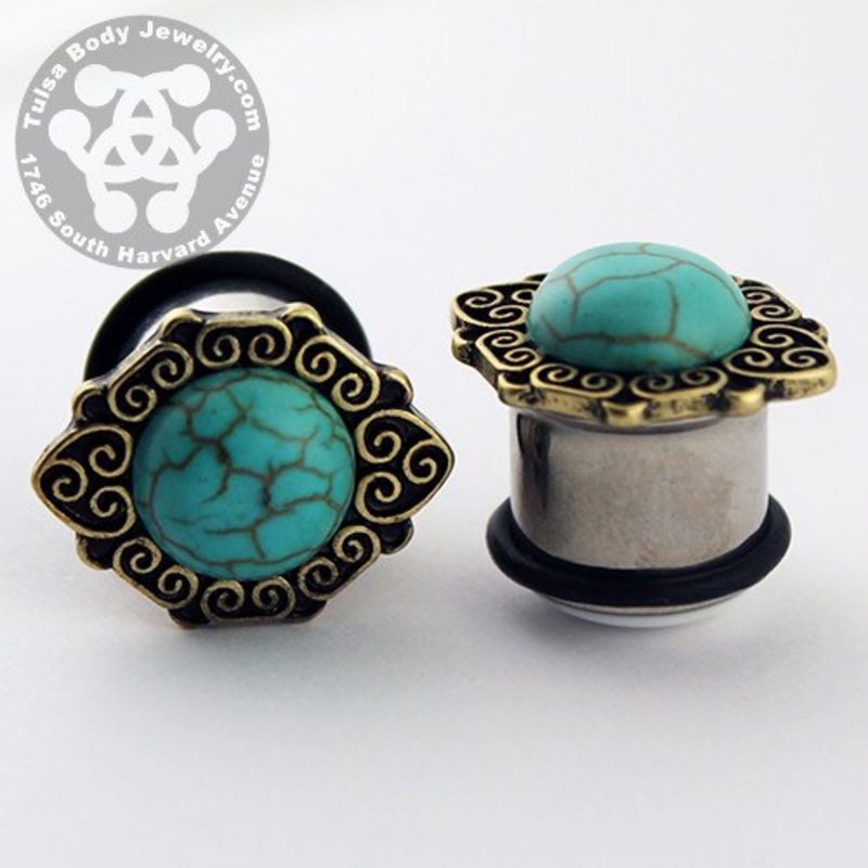 Turquoise & Brass Plugs 7/16 inch (11mm) Turquoise Pair