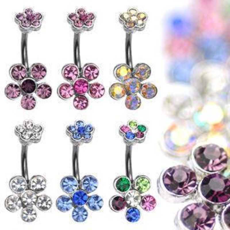 Twin CZ Flowers Belly Ring 14g – 3/8″ long (10mm) Aurora Borealis Stainless Steel