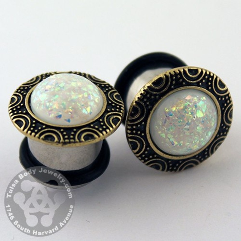 White Opal & Brass Plugs 7/16 inch (11mm) White Opal Pair