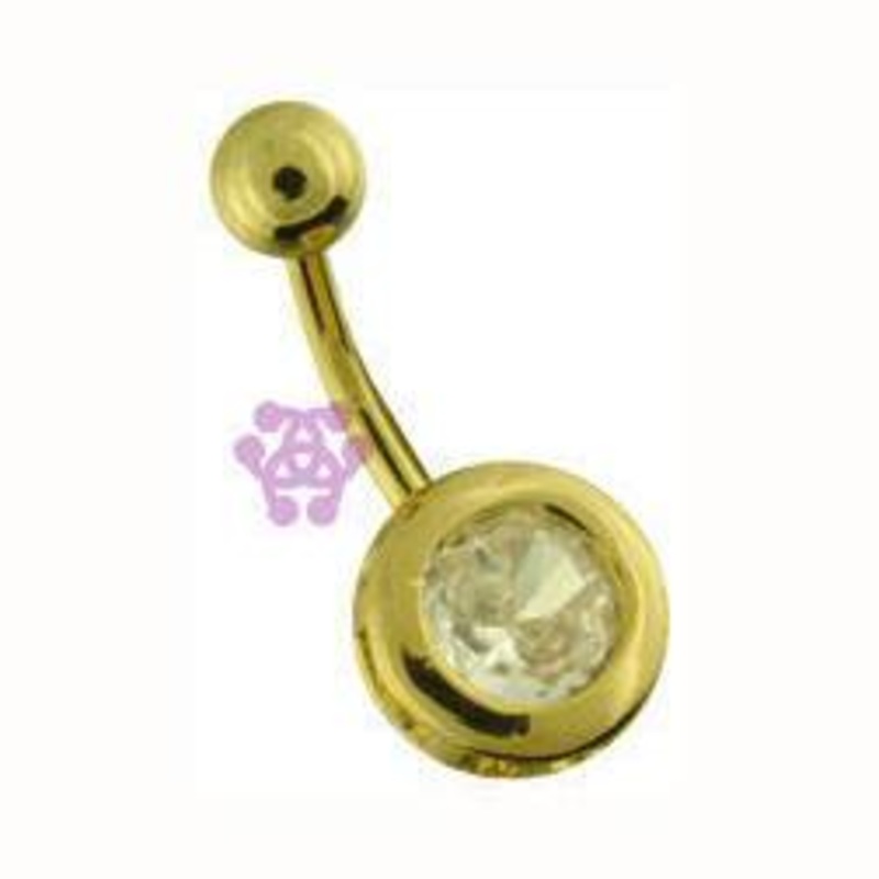 Bezel CZ Gold Belly Barbell 14 gauge – 3/8″ long (10mm) Clear Gold Stainless