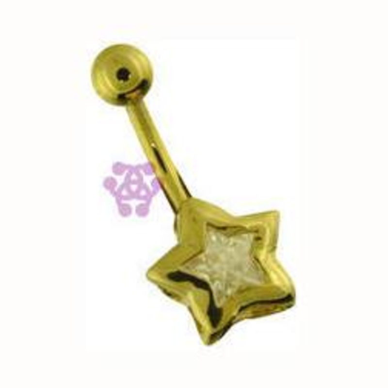 Bezel CZ Star Gold Belly Barbell 14 gauge – 3/8″ long (10mm) Clear Gold Stainless