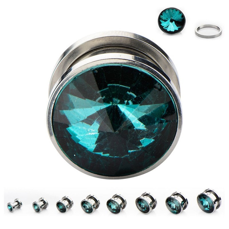 Blue Zircon CZ Screw-On Plugs 0 gauge (8mm) Stainless Steel Pair