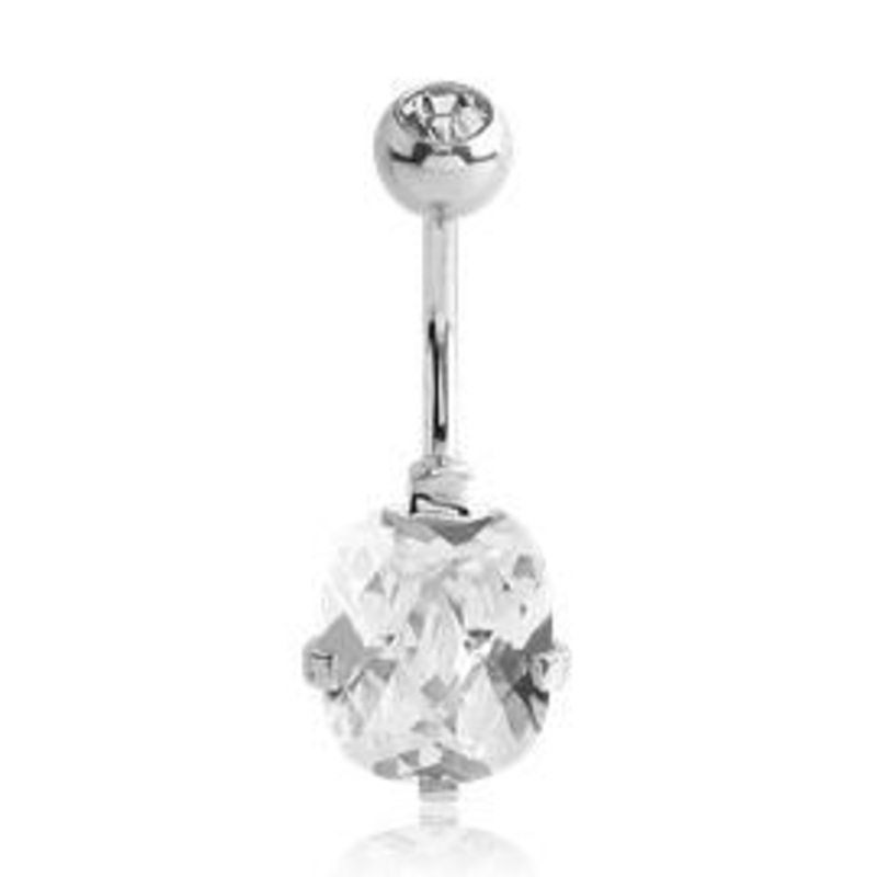 CZ Cushion Belly Ring 14g – 3/8″ long (10mm) Clear Stainless Steel