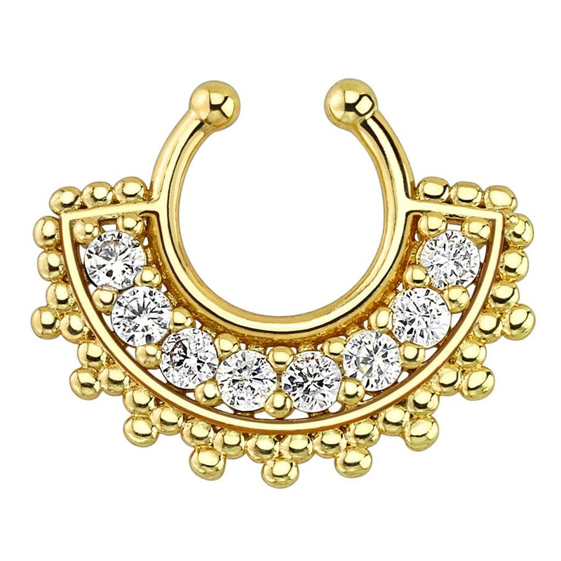 Large Paved Gem Fan Gold Non-Piercing Septum Ring One Size Fits All Clear Gold Stainless