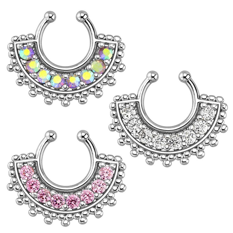 Large Paved Gem Fan Non-Piercing Septum Ring One Size Fits All Aurora Borealis Stainless Steel