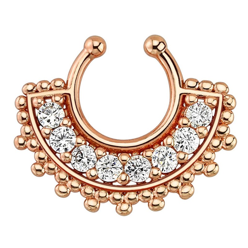 Large Paved Gem Fan Rose Gold Non-Piercing Septum Ring One Size Fits All Clear Rose Gold Stainless