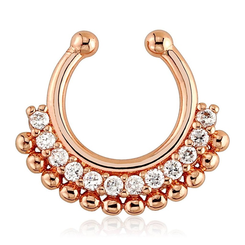 Paved Gem Fan Rose Gold Non-Piercing Septum Ring One Size Fits All Clear Rose Gold Stainless