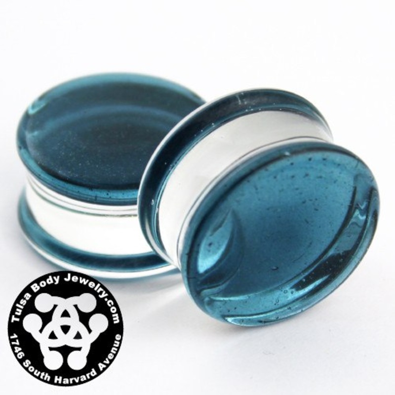 Translucent Sparkle Blue Double Flare Plugs by Glasswear Studios 4 gauge (5mm) Translucent Sparkle Blue Pair