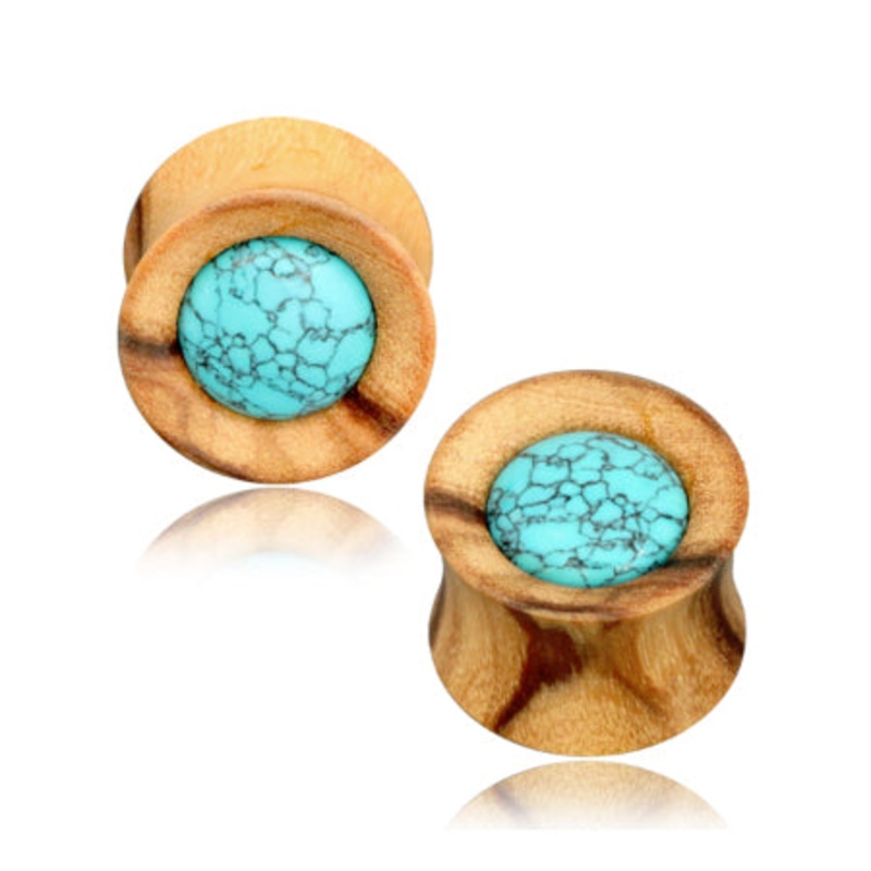Turquoise Inlay Olive Wood Plugs 1/2 inch (13mm) Olive Wood Pair