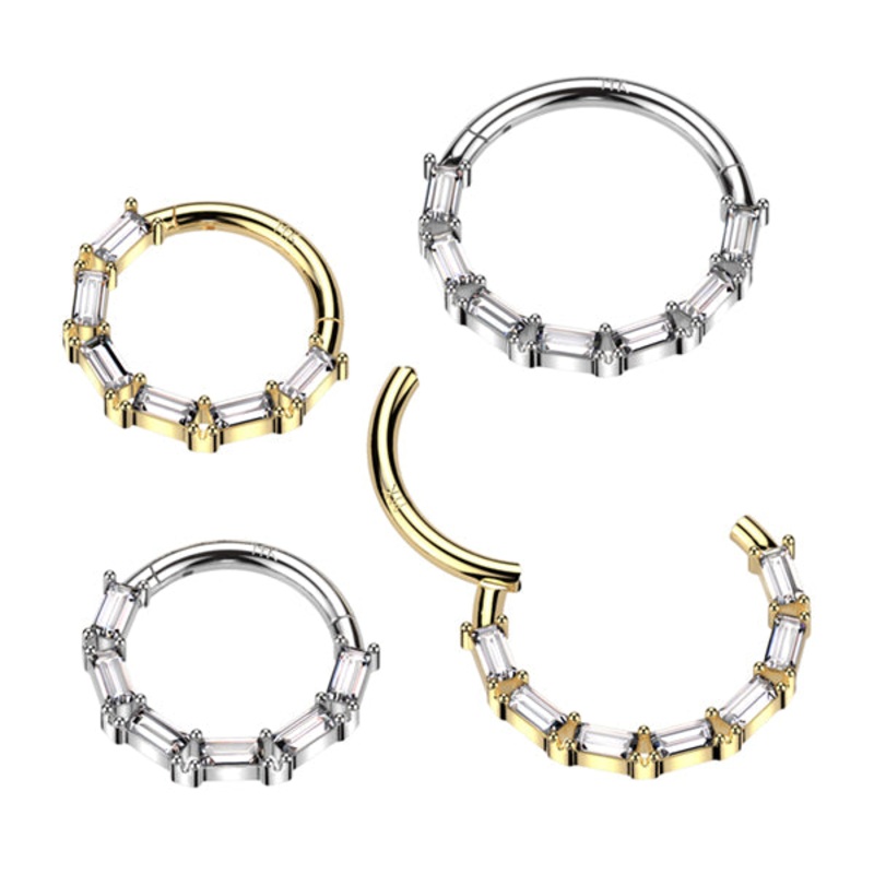 16g Baguette CZ 14k Gold Hinged Ring 16g – 5/16″ diameter (8mm) Clear Yellow 14k Gold