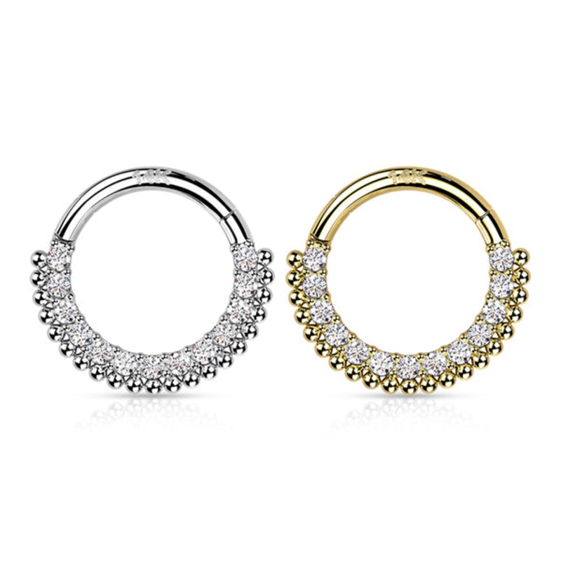 16g Beaded CZ 14k Gold Hinged Ring 16g – 5/16″ diameter (8mm) Clear Yellow 14k Gold