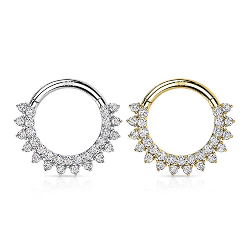16g Double CZ 14k Gold Hinged Ring 16g – 5/16″ diameter (8mm) Clear Yellow 14k Gold
